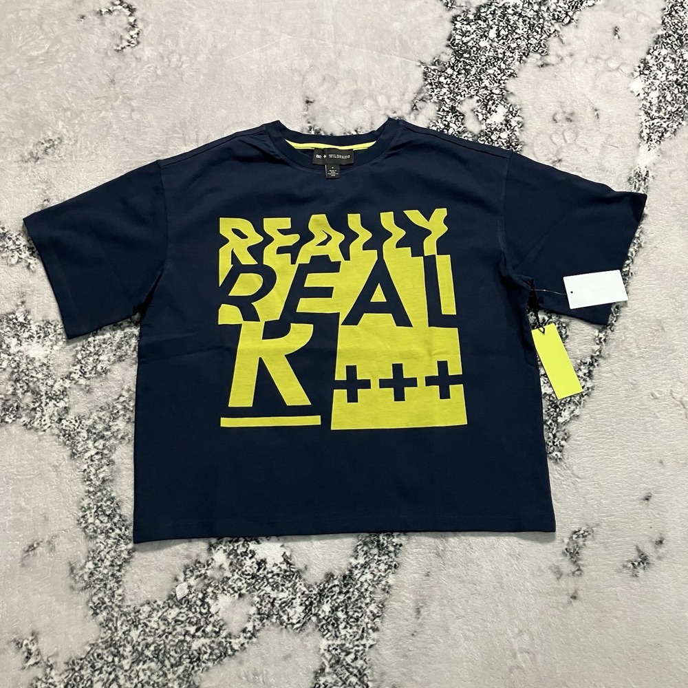 BP + Wildfang T Shirt Womens Sz S Really Real‎ Graphic Navy Yellow Logo Tee Crop